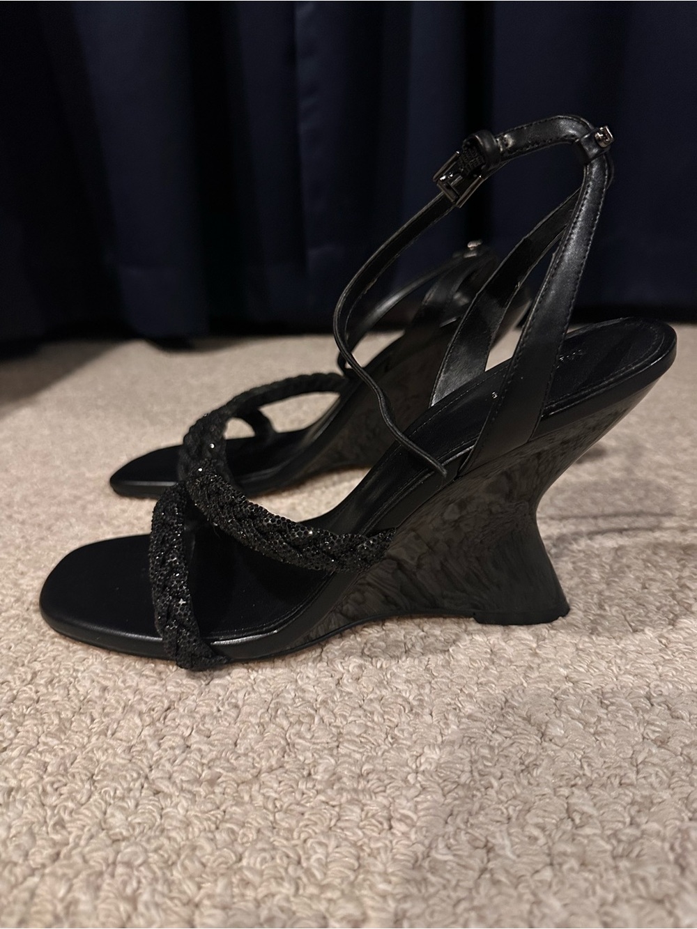 Michael Kors Black Beaded Crisscross Wedge Sandals
